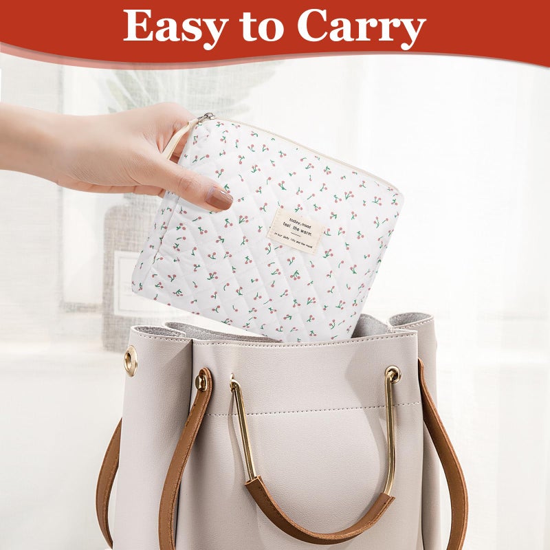 Gosect Floral Makeup Bag  Small Cosmetic Bag for Women Girls  Cute Cotton Makeup Bag  Quilted Makeup Bags  Flower Travel Toiletry Organizer Bag(White Cherry) - Image 4